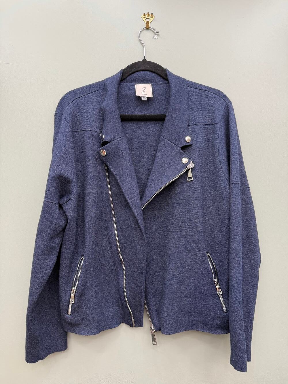 Sioni Knit Moto Jacket XL Blue Viscose Blend Biker Zip Cardigan